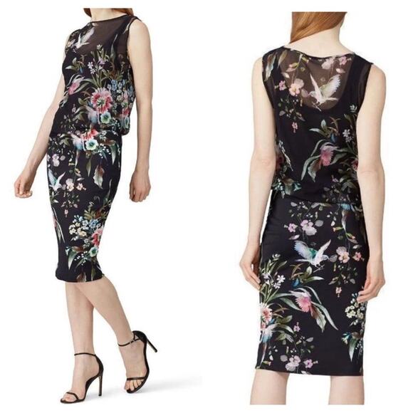 Fuzzi Bouquet Floral Hummingbird Print Sleeveless Tulle Jersey Sheath Dress - Picture 16 of 16